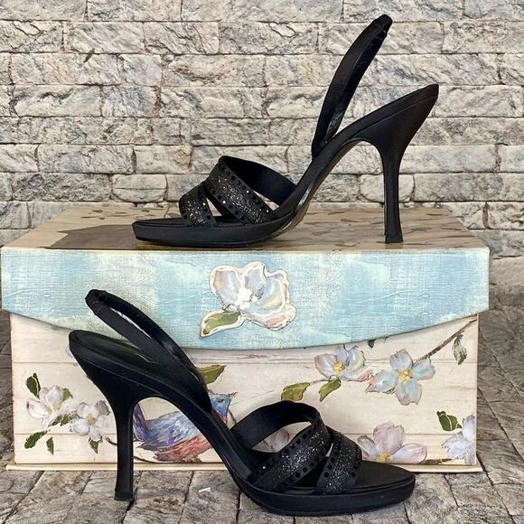 Nina Black Satin Rhinestone Stilettos Open Toe Evening Wear Womens Size 6 - Picture 6 of 10
